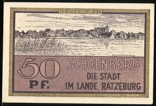 Notgeld Schönberg, 1922, 50 Pf., Stadt im Lande Ratzeburg, Reutergeldansicht und Turmillustration