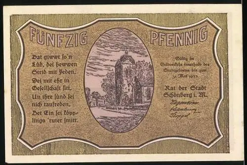 Notgeld Schönberg, 1922, 50 Pf., Stadt im Lande Ratzeburg, Reutergeldansicht und Turmillustration