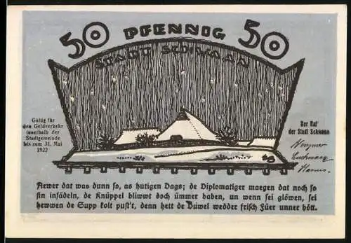 Notgeld Schwaan 1922, 50 Pfennig, ländliches Haus und Kirche