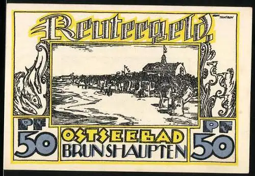 Notgeld Ostseebad Brunshaupten, 1922, 50 Pf, Reutergeld mit Strand- und Küstenszene