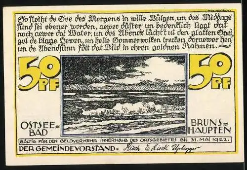 Notgeld Ostseebad Brunshaupten, 1922, 50 Pf, Reutergeld mit Strand- und Küstenszene