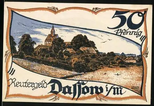 Notgeld Dassow, 1921, 50 Pfennig, Landschaft mit Kirche und Wappen der Gemeinde