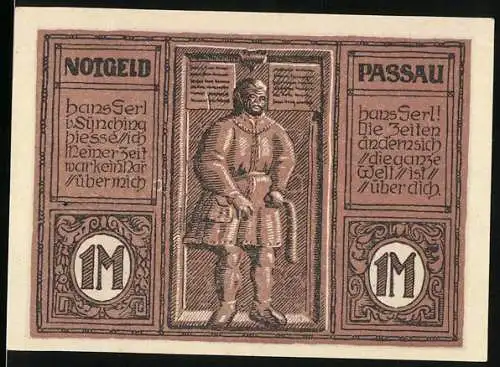 Notgeld Passau, 1921, 1 Mark, Hanserl Figur mit Inschrift und Stadtwappen, Seriennummer 21319