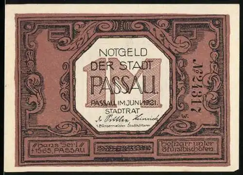 Notgeld Passau 1921, 1 Mark, Hans Geri Abbildung und Inschrift