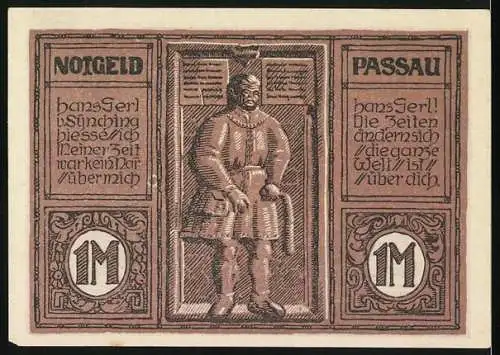 Notgeld Passau 1921, 1 Mark, Hans Geri Abbildung und Inschrift