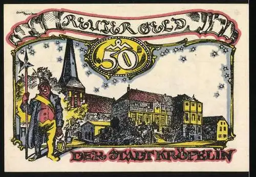 Notgeld Kröpelin 1922, 50 Pfennig, bunte Illustration einer Frau mit Dorfansicht auf der Vorderseite