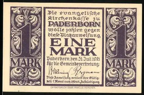 Notgeld Paderborn 1921, 1 Mark, Evangelische Kirchenkasse und Abdinghofkirche