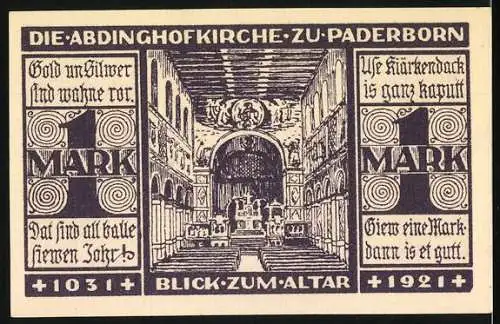 Notgeld Paderborn 1921, 1 Mark, Evangelische Kirchenkasse und Abdinghofkirche