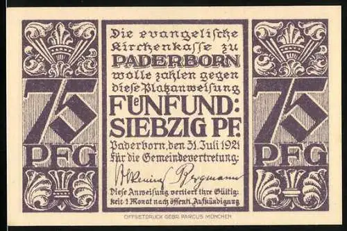 Notgeld Paderborn, 1921, 75 Pf, Evangelische Kirchenkasse und Abdinghofkirche Westansicht