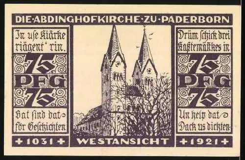 Notgeld Paderborn, 1921, 75 Pf, Evangelische Kirchenkasse und Abdinghofkirche Westansicht