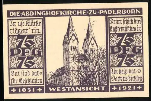 Notgeld Paderborn 1921, 75 Pfennig, Abdinghofkirche Westansicht, evangelische Kirchenkasse Paderborn