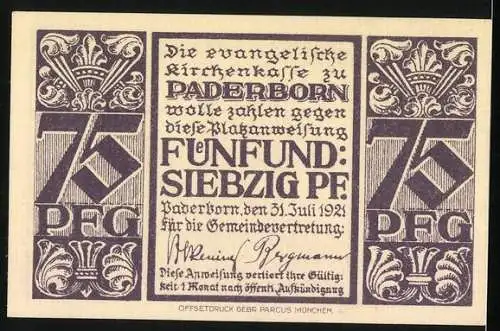 Notgeld Paderborn 1921, 75 Pfennig, Abdinghofkirche Westansicht, evangelische Kirchenkasse Paderborn