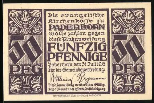 Notgeld Paderborn, 1921, 50 Pfennig, Evangelische Kirchenkasse Abdinghofkirche Blick zur Orgel