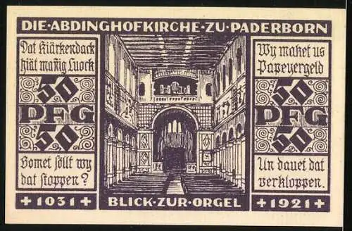 Notgeld Paderborn, 1921, 50 Pfennig, Evangelische Kirchenkasse Abdinghofkirche Blick zur Orgel