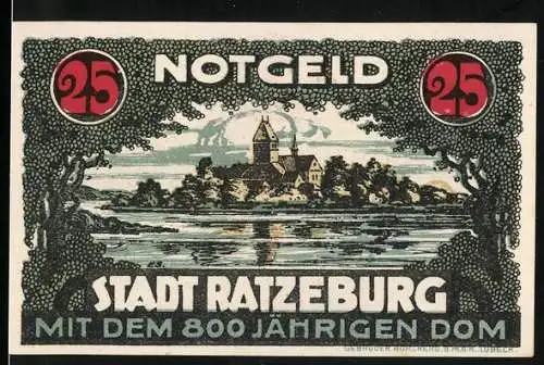 Notgeld Ratzeburg, 25 Pfennig, Mit dem 800 jährigen Dom, Vorder- und Rückseite mit Dom und Signaturen