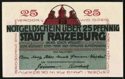 Notgeld Ratzeburg, 25 Pfennig, Mit dem 800 jährigen Dom, Vorder- und Rückseite mit Dom und Signaturen