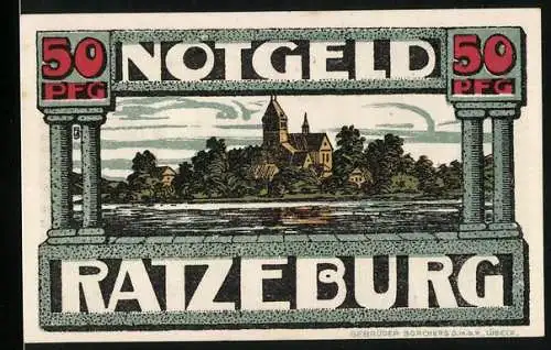 Notgeld Ratzeburg, 50 Pfennig, Abbildung von Kirche und Stadtwappen mit der Figur Razivia