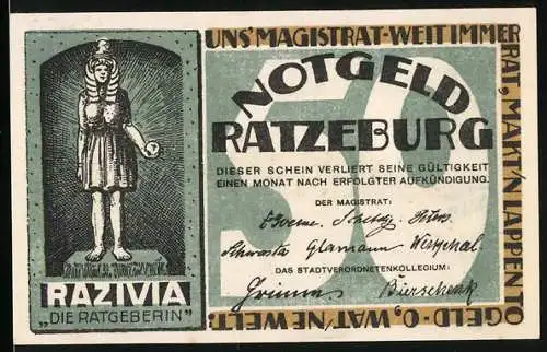 Notgeld Ratzeburg, 50 Pfennig, mit Darstellung von Razivia Die Ratgeberin und Stadtansicht