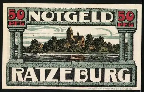 Notgeld Ratzeburg, 50 Pfennig, mit Darstellung von Razivia Die Ratgeberin und Stadtansicht