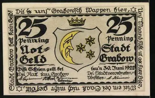 Notgeld Grabow, 1922, 25 Pfennig, satirische Darstellung mit Text, Stadtwappen mit Krone und Mond