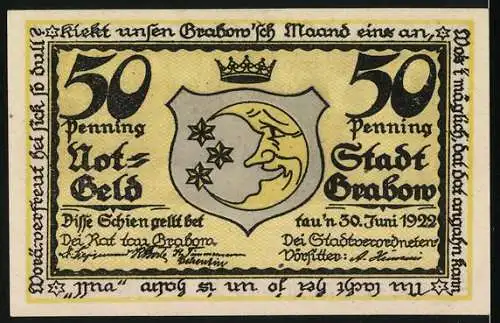 Notgeld Grabow, 1922, 50 Penning, Feier in der Papiermühle und Stadtwappen