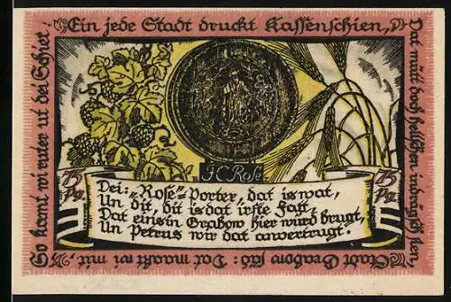 Notgeld Grabow, 1922, 75 Pfennig, Vorderseite mit Siegel und Weinreben, Rückseite mit lachender Sonne