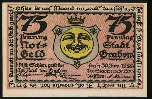 Notgeld Grabow, 1922, 75 Pfennig, Vorderseite mit Siegel und Weinreben, Rückseite mit lachender Sonne