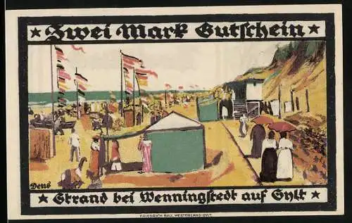 Notgeld Wenningstedt 1921, 2 Mark, Strand bei Wenningstedt auf Sylt, Gutschein der Gemeinde Norddörfer auf Sylt