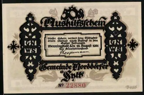 Notgeld Wenningstedt / Sylt 1921, 50 Pfennig, Vorderseite Text Rückseite Landschaft, Seriennummer 22880