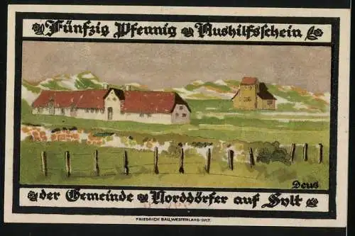 Notgeld Wenningstedt / Sylt 1921, 50 Pfennig, Vorderseite Text Rückseite Landschaft, Seriennummer 22880