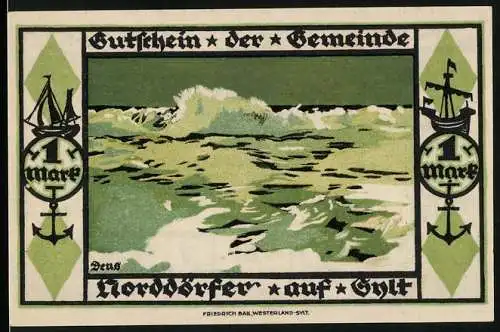 Notgeld Wenningstedt Sylt, 1921, 1 Mark, Wellen und Schiffe, signiert von Bürgermeister Rossmann