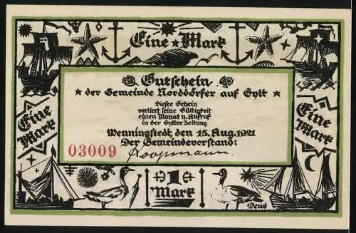 Notgeld Wenningstedt Sylt, 1921, 1 Mark, Wellen und Schiffe, signiert von Bürgermeister Rossmann