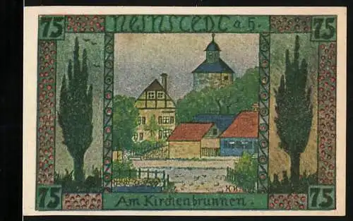 Notgeld Neinstedt, 1921, 75 Pfennig, Am Kirchenbrunnen und Text über gestiegene Preise