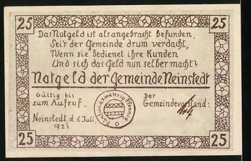 Notgeld Neinstedt 1921, 25 Pfennig, Am Bodewehr und Gültigkeit bis zum Aufruf