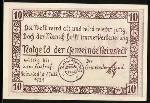 Notgeld Neinstedt, 1921, 10 Pfennig, Ein Blick nach der Teufelsmauer