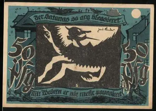 Notgeld Lichtenstein-Callnberg 1921, 50 Pf., Dämon auf der Vorderseite, Industrielandschaft auf der Rückseite
