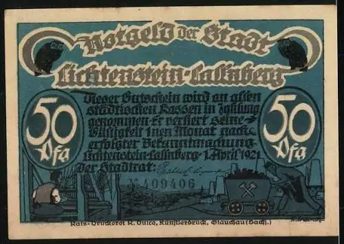 Notgeld Lichtenstein-Callnberg 1921, 50 Pf., Dämon auf der Vorderseite, Industrielandschaft auf der Rückseite