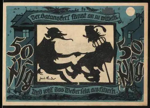 Notgeld Lichtenstein-Callnberg, 1921, 50 Pfennig, Der Satansspiel und Stadtansicht mit Kassen-Szene