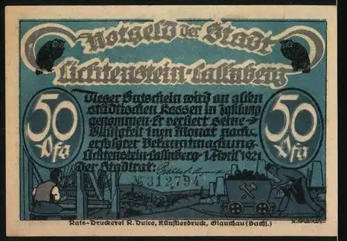 Notgeld Lichtenstein-Callnberg, 1921, 50 Pfennig, Der Satansspiel und Stadtansicht mit Kassen-Szene