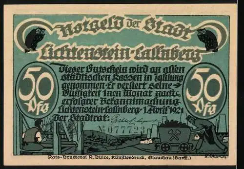 Notgeld Lichtenstein-Callnberg 1921, 50 Pfennig, Wolf und Bergbauszene, grün und schwarz