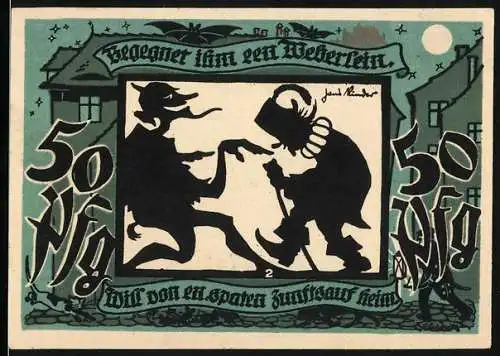 Notgeld Lichtenstein-Callnberg, 1921, 50 Pfennig, Silhouetten von zwei kämpfenden Figuren und Stadtansicht