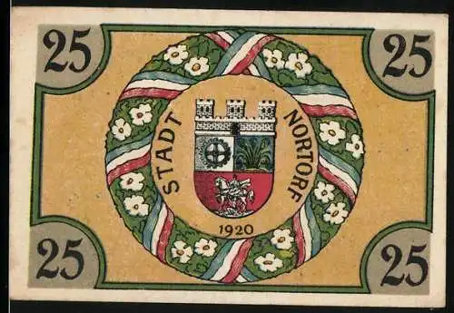 Notgeld Nortorf, 1920, 25 Pfennig, Stadtwappen und Torfarbeiter-Szene