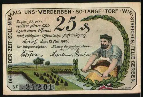Notgeld Nortorf, 1920, 25 Pfennig, Stadtwappen und Torfarbeiter-Szene