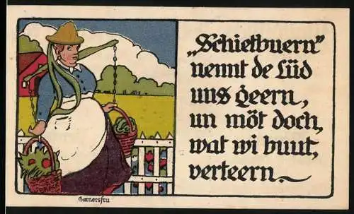 Notgeld Lübeck, 1921, 50 Penning, Plattdeutsche Volkszill mit Gärtnerfrau und Segelschiff