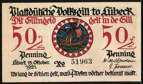 Notgeld Lübeck, 1921, 50 Penning, Plattdeutsche Volkszill mit Gärtnerfrau und Segelschiff