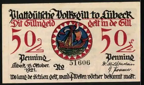 Notgeld Lübeck 1921, 50 Pfennig, Plattdütsche Volksgill to Lübeck mit Segelschiff und Text