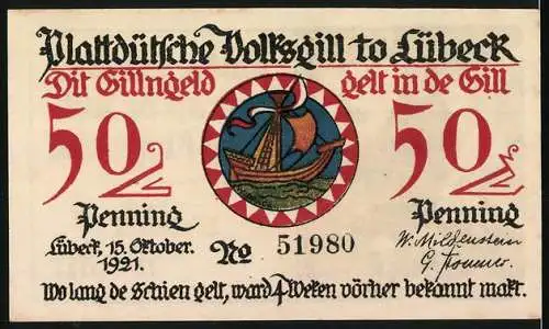 Notgeld Lübeck, 1921, 50 Penning, Plattdüütsche Volksbill to Lübeck mit Seemotiv