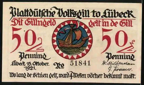 Notgeld Lübeck 1921, 50 ½ Penning, Plattdeutsche Volksgill to Lübeck mit Segelschiff und plattdeutschem Spruch