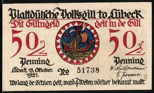 Notgeld Lübeck 1921, 50 Pfennig, Plattdütsche Volkszill to Lübeck mit Schiff und Seemann