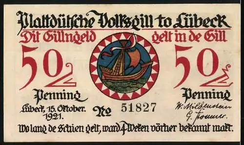 Notgeld Lübeck 1921, 50 1 /2 Pfennig, Plattdeutsche Volkszill mit Fischfrau und Segelschiff